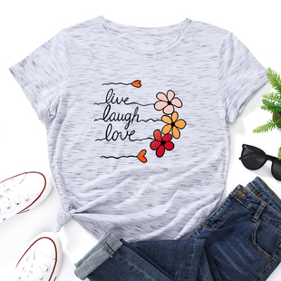 欧美女装woment-shirt纯棉字母，花朵宽松薄款短袖，圆领t恤女