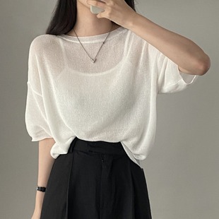韩国chic夏季简约冰丝薄款短袖针织衫套头圆领五分袖白色T恤罩衫