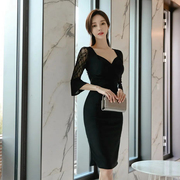 欧韩女装礼服裙女韩版名媛气质方领低胸蕾丝拼接七分袖连衣裙
