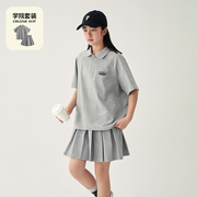 女大童运动套装灰色，夏季t恤短裙，运动两件套青少年网球polo衫