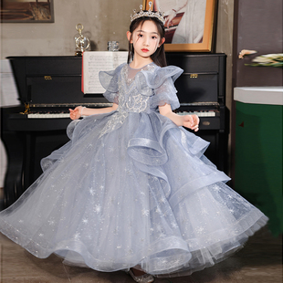 儿童钢琴演奏蓝色公主裙，女童生日花童婚纱小女孩主持人高端晚礼服