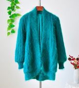 日系森女中长款马海毛毛衣，外套蓝绿色无扣加厚带里布羊毛针织上衣