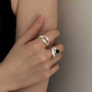 PRETTY DIARY原创设计素圈气质凹型光面戒指女潮个性黑玛瑙食指戒