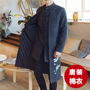 新中式男装外套中长款禅服棉衣复古青年唐装棉袄毛呢风衣古装道袍
