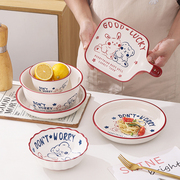 釉下彩卡通陶瓷碗盘，餐具套装情侣家用可爱网红菜盘子饭碗鱼盘汤碗