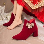 粗跟婚鞋女冬季加绒短靴2023年红色结婚秀禾鞋婚纱两穿新娘鞋