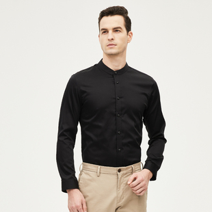 鲁泰修身免烫混纺弹力商务时尚长袖衬衣立领男士黑色衬衫