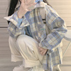 蓝色长袖衬衫女装，2023春日格子港风chic情侣装衬衣开衫外套潮