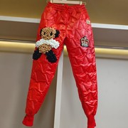 卡通小熊羽绒裤女外穿冬季松紧腰红色，哈伦裤显瘦加厚休闲束脚裤