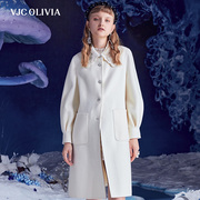 vjcolivia2023秋冬米白羊毛中长款大衣钉珠娃娃领外套女装