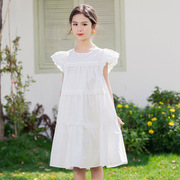 女童短袖连衣裙2024夏季纯色亲子装母女装公主裙儿童棉布裙