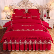 欧式四件套床裙款婚庆大红色夹棉夏天蕾丝花边公主风1.8m床上套件