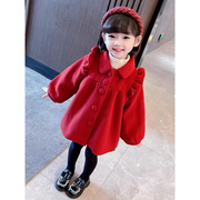 女童毛呢外套2024年小女孩洋气红色，加厚冬季加绒宝宝呢子大衣