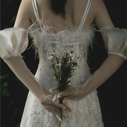 韩式新娘纱手套长款缎布荷叶边珍珠手套旅拍影楼复古婚纱礼服