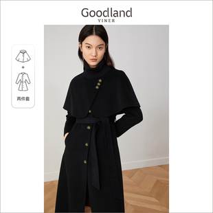 Goodland美地女装冬季时尚赫本风长款外套斗篷型纯羊毛双面呢大衣