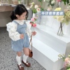 anniegirl女童春季甜美花边袖清新碎花衬衫，牛仔背带短裤套装