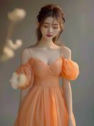 橘色露肩沙滩裙女海边度假超仙清凉夏装设计感绝美法式连衣裙