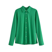 秋季欧美风长袖女衬衫绿色简约纯色宽松休闲垂感大码衬衣