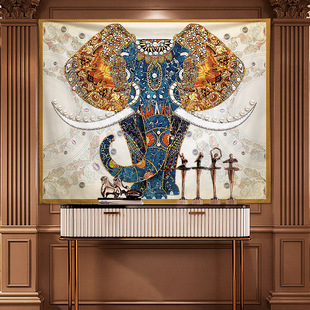 中式客厅装饰画挂布壁毯北欧沙发背景墙布艺油画大象麋鹿棉麻挂毯