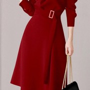 时尚春秋女装高领红色长袖圆领，洋装女名媛气质中长版修身大摆裙