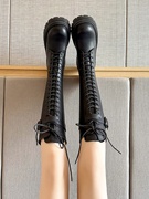 长筒靴女长靴高筒靴百搭骑士靴，绑带设计英伦，风增高显瘦黑色靴子