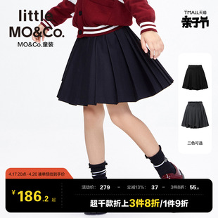 littlemoco童装春秋，女童半身裙裙子儿童黑色百褶裙，学院风短裙