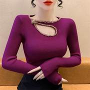 紫红色小心机镂空打底毛衣女(毛，衣女)春装2024弹力修身显瘦针织衫上衣