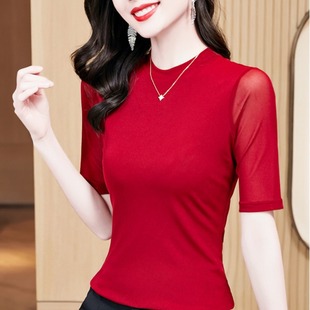 红色短袖网纱T恤女夏季2024年修身显瘦上衣妈妈时尚气质小衫