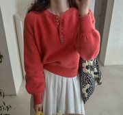 韩国 少女感满满 西瓜红圆领系扣套头羊毛衫23春季