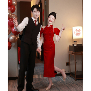 新中式挂脖晨袍敬酒服2024新娘订婚礼服裙小个子红色结婚旗袍