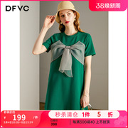 dfvc绿色网纱蝴蝶结t恤连衣裙，女2022宽松短袖，圆领直筒a字裙子