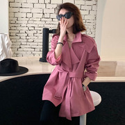 粉色短款风衣外套女韩式小个子休闲大衣，春秋季2024年欧洲站货