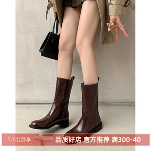kmeizu简约短靴女2023年宽松直筒，小粗腿显瘦瘦骑士靴潮中筒靴