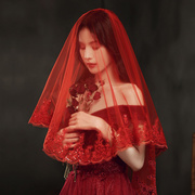 红色头纱新娘结婚纱礼服，秀禾服红盖头，中式复古风纱短款蕾丝旅