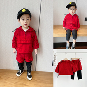 男童秋装套装中小童红色，卫衣假两件裤子宝宝，洋气衣服运动两件套潮