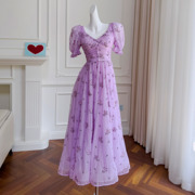 法式紫色碎花裙子仙气飘飘仙女裙，a字礼服印花海边度假旅游连衣裙