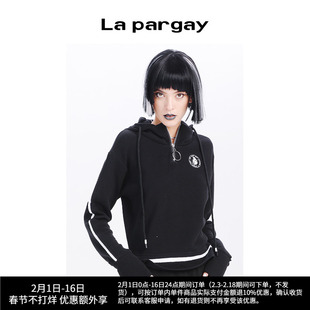 Lapargay纳帕佳女装黑白色上衣个性时尚长袖连帽套头针织卫衣