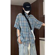 蓝色格子衬衫男夏季短袖高级感潮牌vintage美式复古衬衣外穿外套