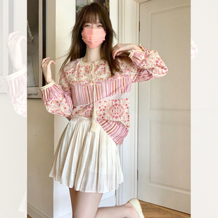 春秋法式粉色雪纺碎花衬衫女独特别致甜美小衫设计感小众正肩上衣