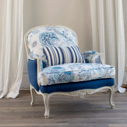卢西恩美式单人沙发椅老虎椅，脚踏蓝色进口布艺羽绒做旧白色伊森