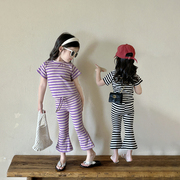 女童短袖套装，夏季2024韩版洋气儿童条纹半袖，上衣喇叭裤两件套