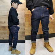 男童加绒牛仔裤子2023冬季一体，绒蓝色净色韩版小脚修身儿童铅笔裤