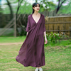 禅意女装复古棉麻宽松汉服古风连衣裙，夏季中式系带v领紫色长袍子