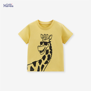 女童T恤欧美夏季中小童儿童卡通长颈鹿印花纯棉短袖圆领上衣