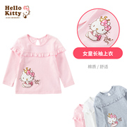 Hello Kitty女童圆领长袖T恤春秋打底衫棉休闲上衣花边