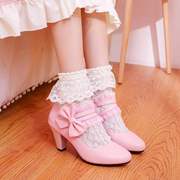 鞋女春秋甜美公主蝴蝶结粉色，粗跟高跟大码单鞋43小码32dlx