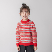 100%羊绒女童羊绒衫新年红色条纹儿童圆领毛衣双股加厚冬季潮