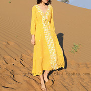 度假单品黄色长裙，f家高品质波西米亚绣花v领棉麻连衣裙