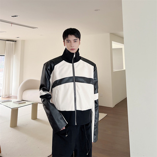 韩国小众黑白拼接PU束腰设计感短款皮衣夹克男垫肩痞帅机车外套潮
