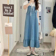 胖mm2-300斤韩版荷叶边牛仔，连衣裙女夏季加大码休闲吊带长裙子潮